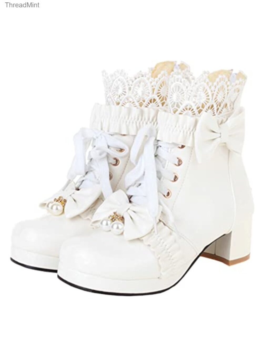 Lace Up Chunky Heel Ankle Boots with Bow - Lolita Style Booties